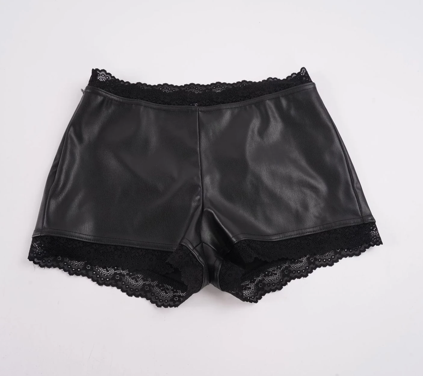 Fashion Sexy Slim-fitting Low-rise Lace Splicing Hot Pants PU Leather Casual Booty Shorts