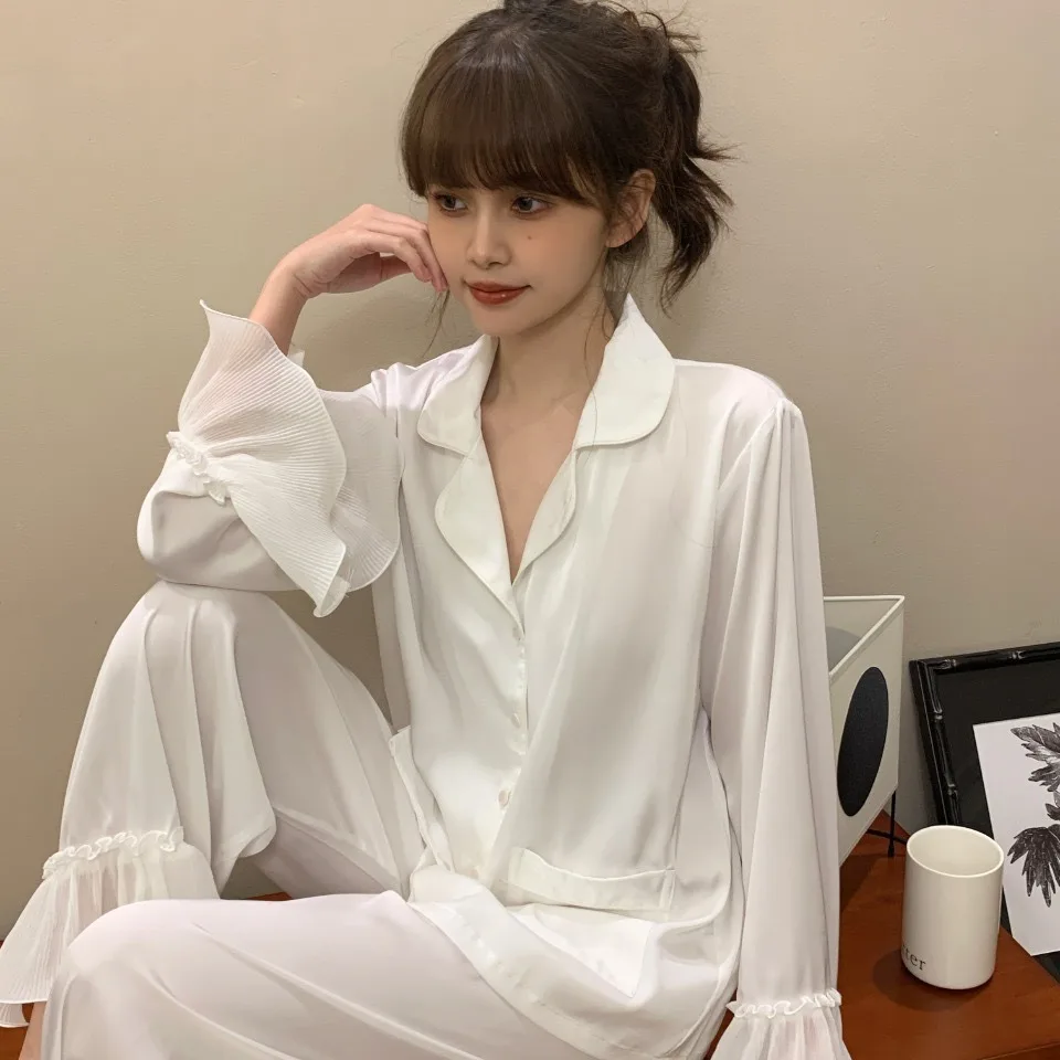 Spring Women Pajamas Set Elastic Waist Trouser Sleepwear Home Clothes Long Sleeve Pijamas Suit Rayon Satin Nightwear Loungewear