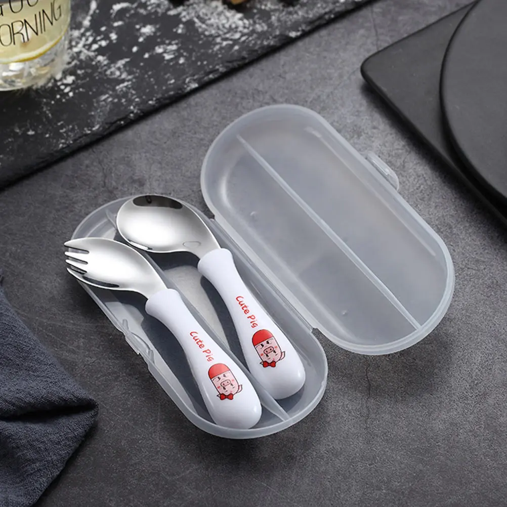 

1Set Kids Stainless Steel Fork Spoon Tableware Safe Cartoon Baby Cutlery Feeding Kit with Storage Box Children Tableware