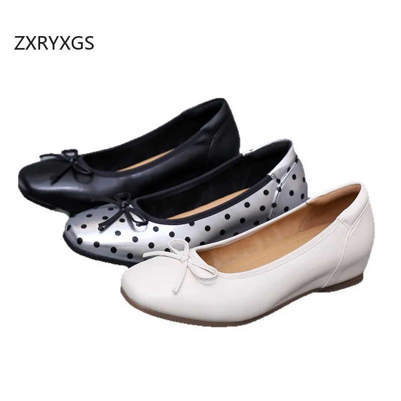 ZXRYXGS Head Layer Sheepskin Height Increase of 3.5cm Internally Wedges Shoes Mid Heel 2026 Square Toe Bow Women Fashion Shoes