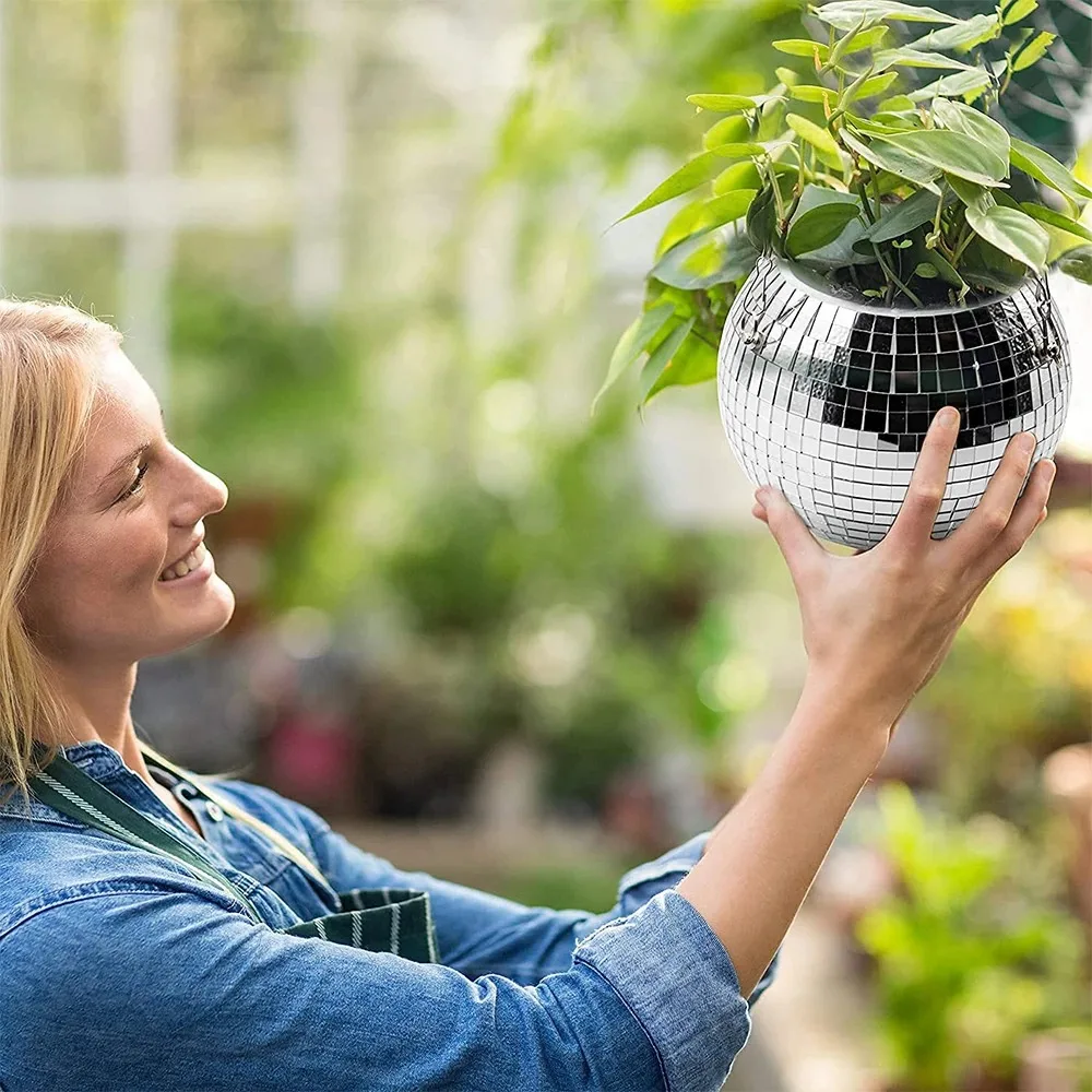 【Fast Delivery】Disco Ball Planter Shape Hanging Vase Flower Planter Pots With Drainage Mirror Hanging Basket Room Garden Decorat