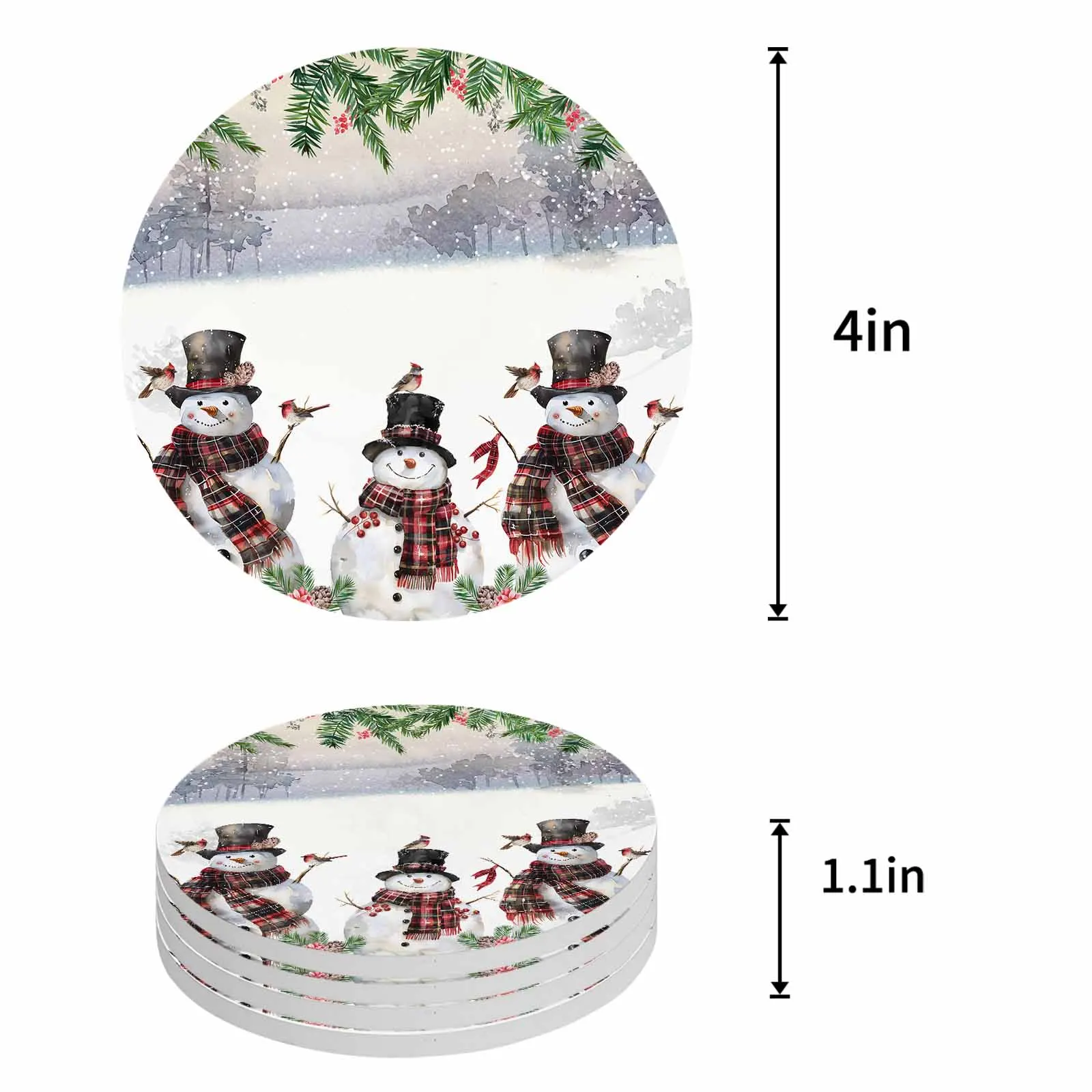 Snowman Plaid Scarf Top Hat Cardinals Ceramic Coaster Set Kitchen Table Round Placemat Luxury Decor Coffee Tea Cup Coasters