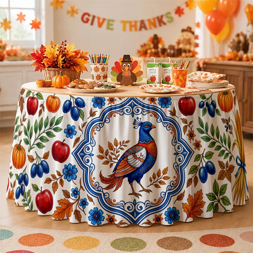 Autumn harvest pattern, featuring apples, pumpkins, blueberries, leaves and wheat bundles. Suitable for wedding banquets.