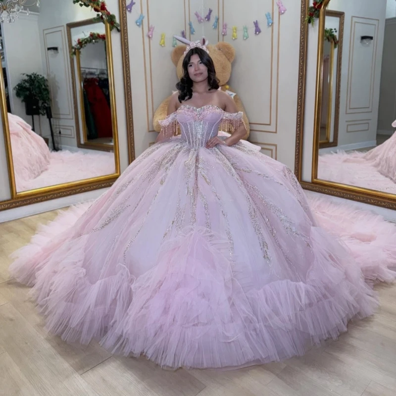 

Pink Shiny Ball Gown Quinceanera Dresses Sequin Applique Lace Beading Crystal Bow Tiered Tull Corset Off Shoulder Sweet 16 Dress