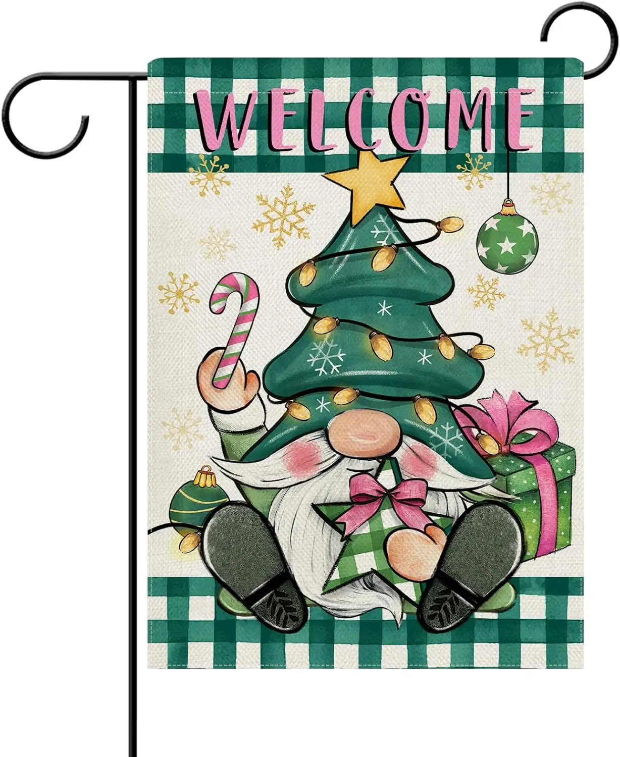 Dyrenson Welcome Christmas Gnome Decorative Garden Flag, Green Xmas Tree Snowflake Plaid Check Yard Outside Home Decorations, Ho