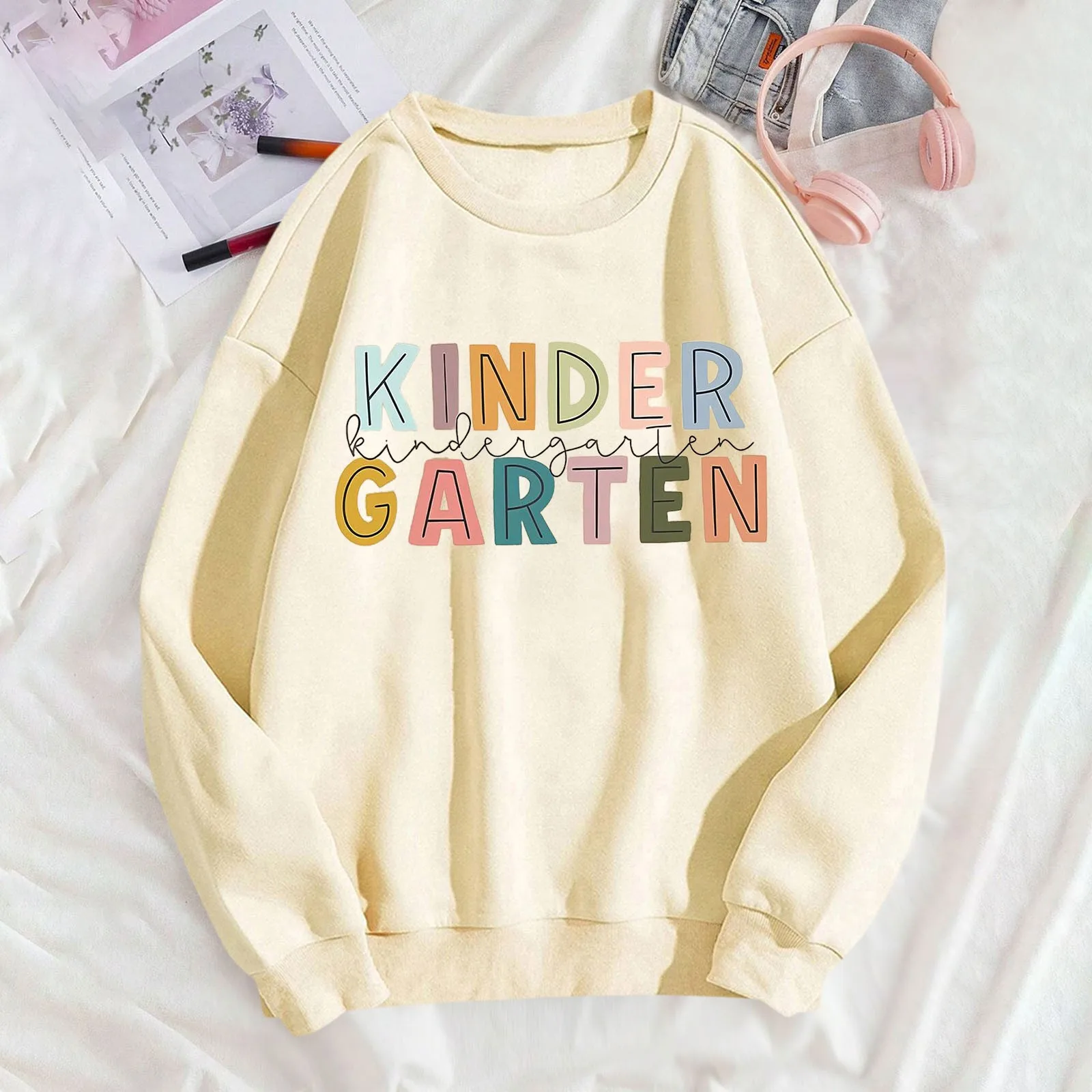 School Season Female Teachers Fashion Sweatshirt Letter-Printed Off Shoulder Round Neck Long Sleeve Hoodie Casual Pullover