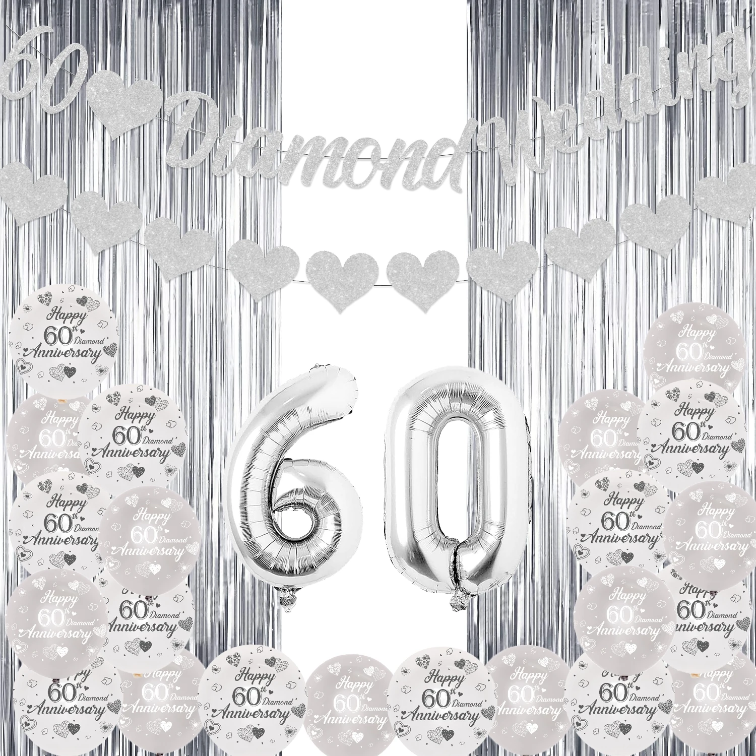 

Happy 60th Wedding Anniversary Decorations with Glitter 60th Diamond Wedding Banner 60 Number Letter Foil Balloon Silver Curtain