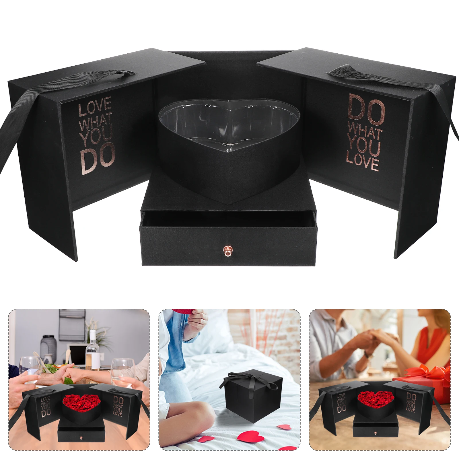 

Valentine Heart Flower Gift Box Black Cloth Wrapping Case Reusable Luxury Packaging Flower Packing Box For Roses