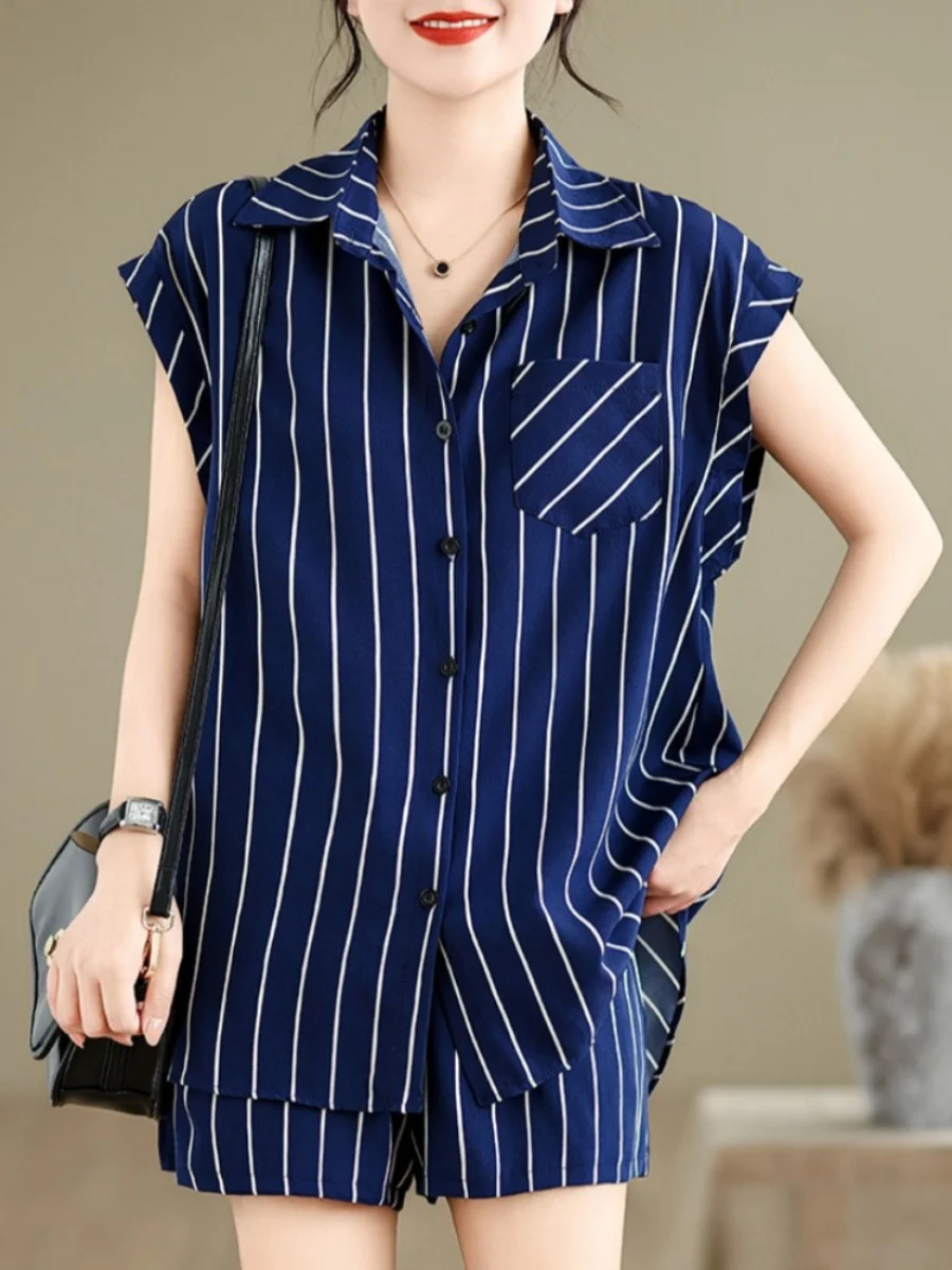 

Faionable Casual Striped irt And Wide Leg orts Set for Women Mid-Length V-Ne Two-Piece Outfit Summer Trendy Ensemble