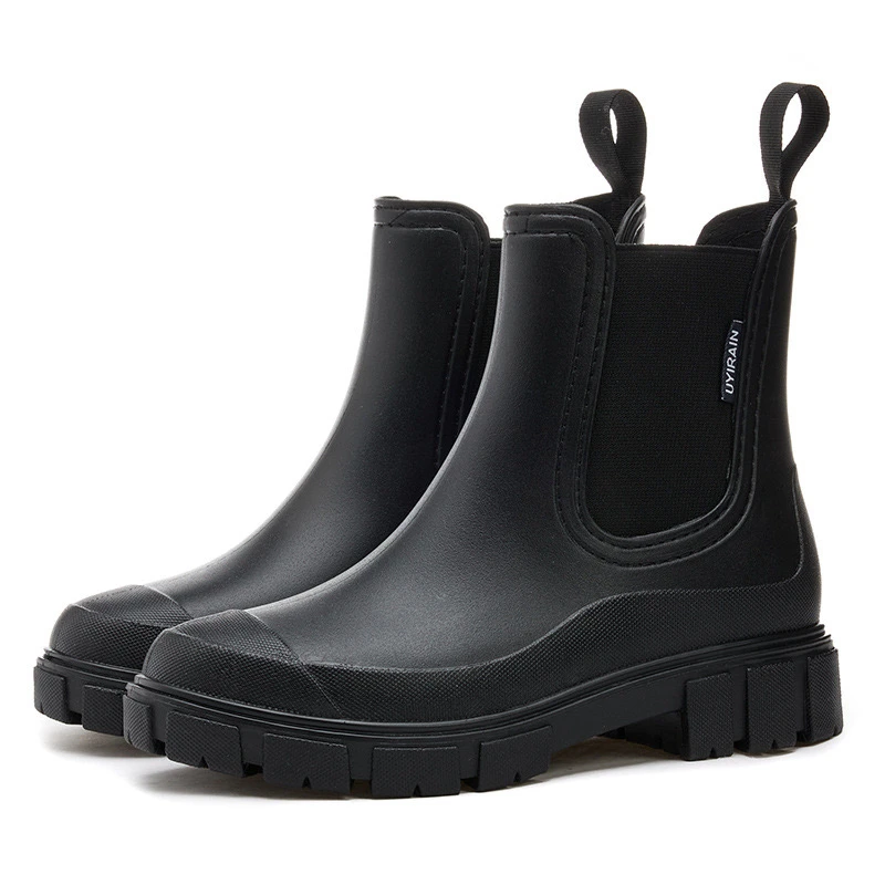 Botas impermeables de estilo Chelsea para mujer, botines de boca elástica, zapatos de lluvia de media caña, antideslizantes para interiores y exteriores, nuevo estilo