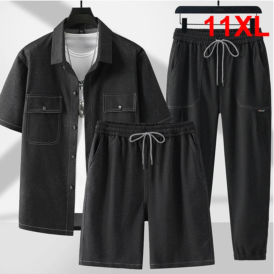 Summer Shirts Shorts Denim Suits Men Plus Size 11XL Men\'s Sets Fashion Casual Solid Color Jean Shirt Male Big Size Sets