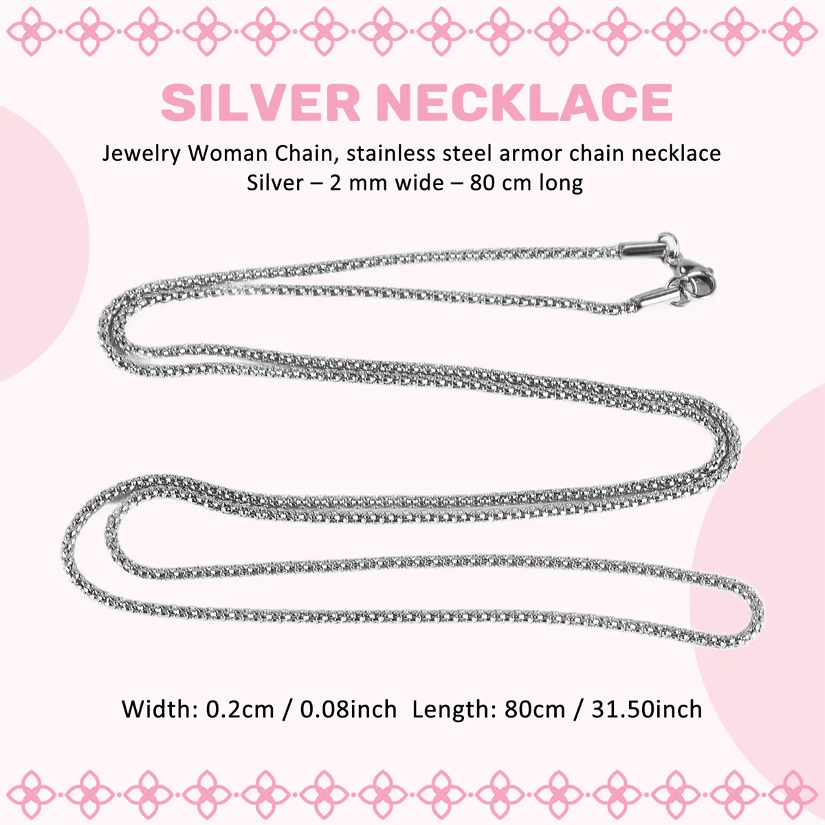 A88M Jewelry Women Chain สร้อยคอโซ่เกราะสแตนเลส สีเงิน กว้าง 2 มม. ยาว 80 ซม