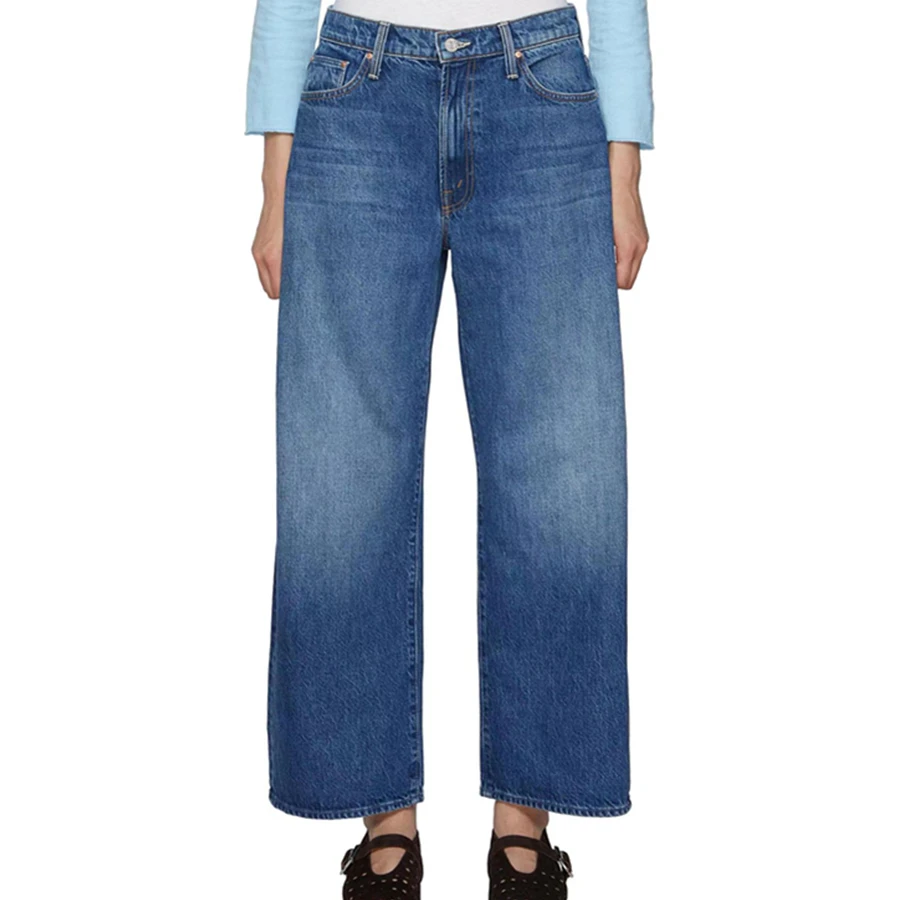 

Maxdutti Minimalist High Waisted Navy Blue Wide Leg Cherry Embroidered Jeans Ankle Cropped Jeans For Women Vintage Denim Pants