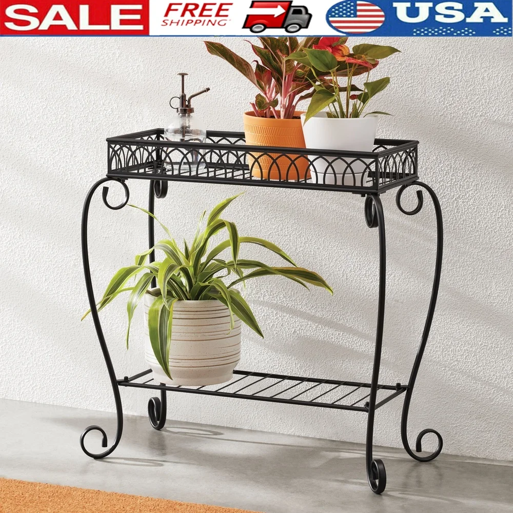 

Traditional 2-Tier Iron Plant Stand Indoor Outdoor Use Durable Weather-Resistant Display Houseplants Flowers Succulents Easy