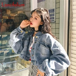 Chic Oversized Cropped Denim Jacket Vintage Crop Top Button Pocket Batwing Sleeve Korean Baggy Jeans Jackets Women BF2022 Spring
