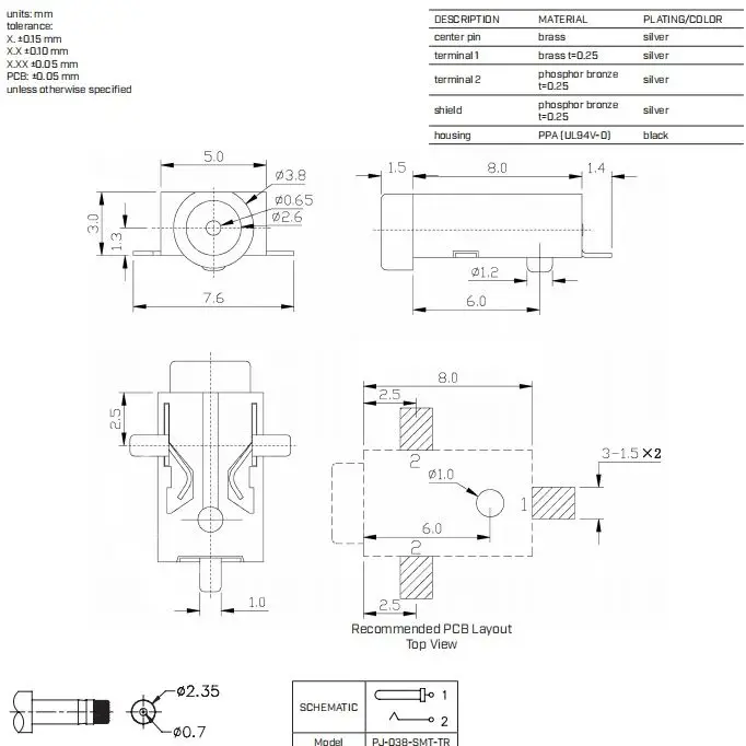 PJ-038-SMT-TR Surface Mount DC Power Jack 0.65mm Pin Right Angle Shielded  Connector for IoT Wearable Devices Reflow Solderable
