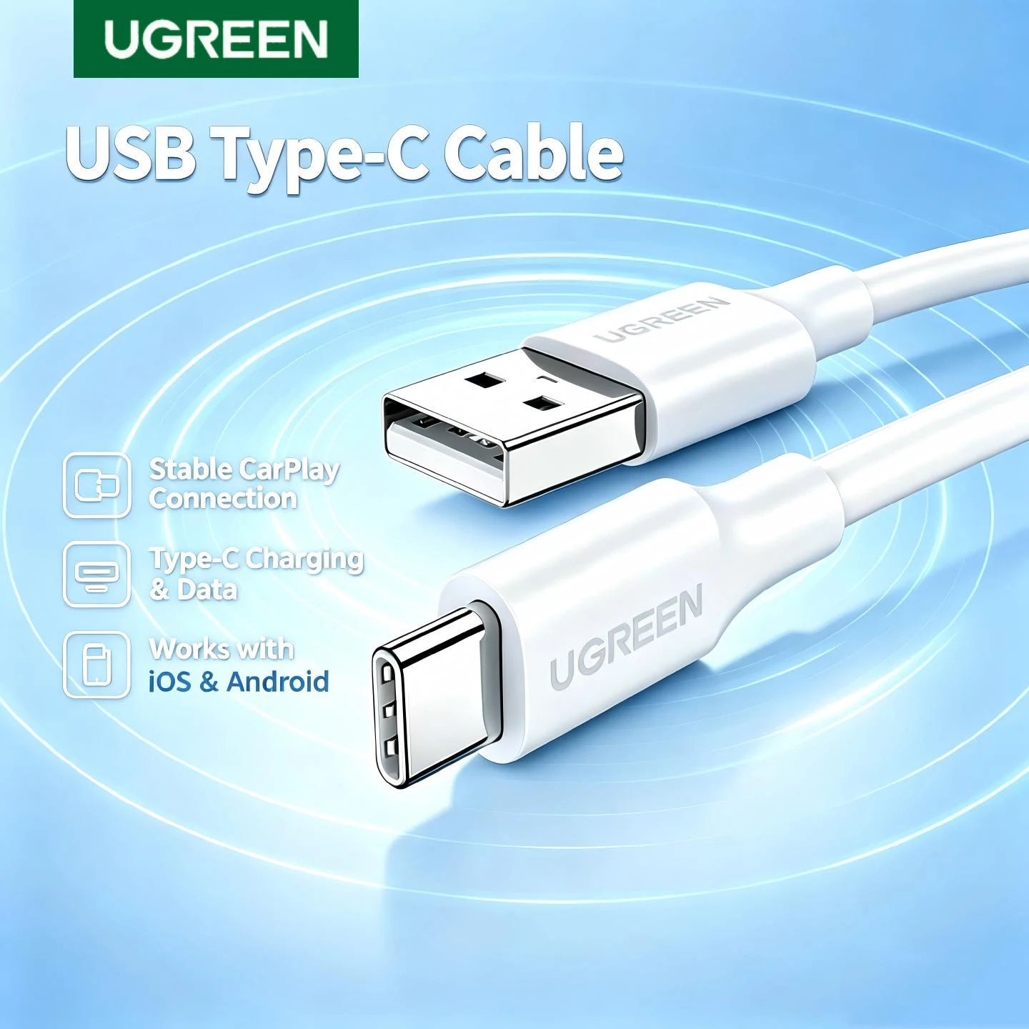 UGREEN USB Type C Cable 3A Charging Data Carplay For Apple iPhone 17 16 Android Mobile Charger Short 25cm 50cm 1m 2m 3m Long PVC