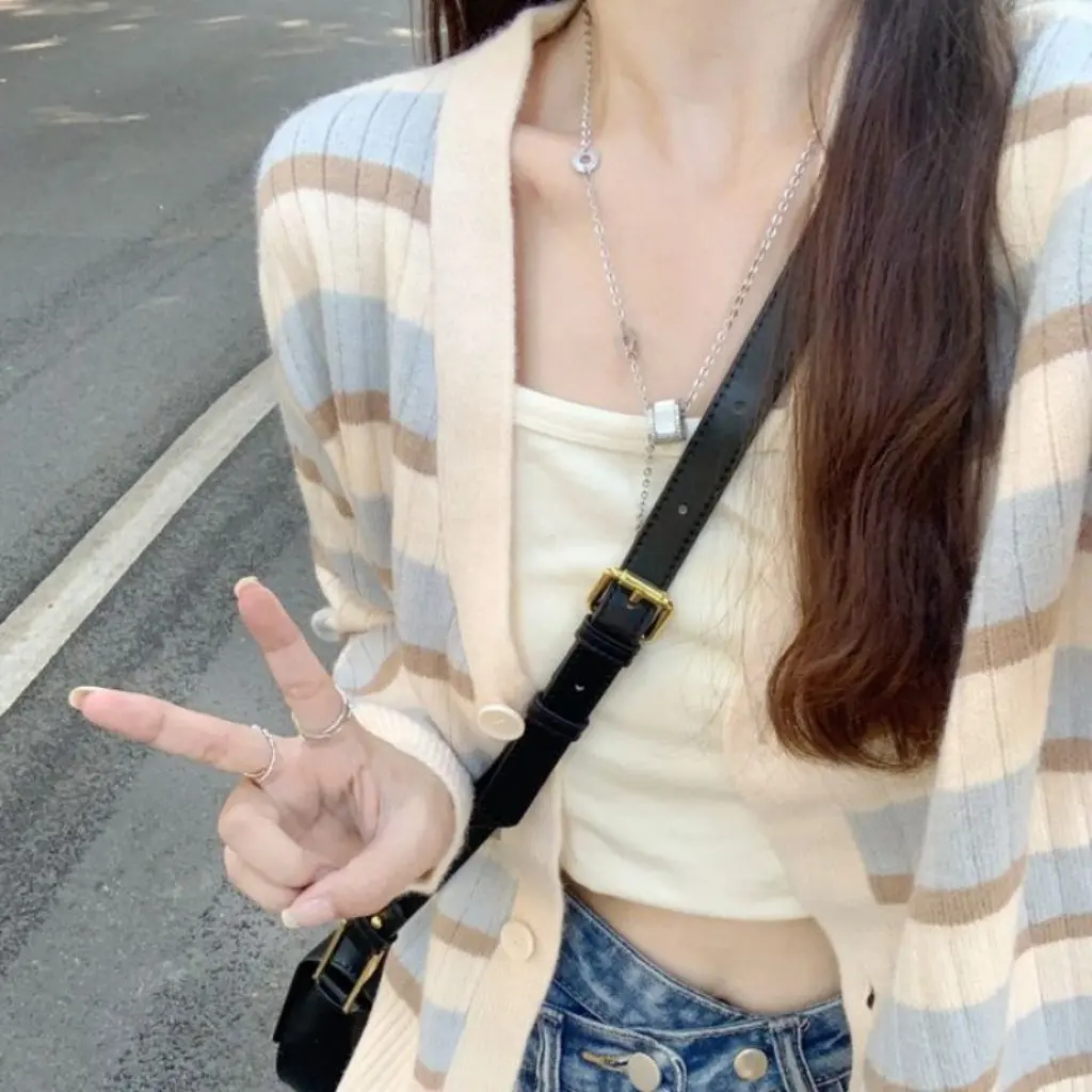 

Women's Striped Knitted Cardigan Jacket Early Autumn Thin Gentle Korean Chic Short Long Sleeve Top