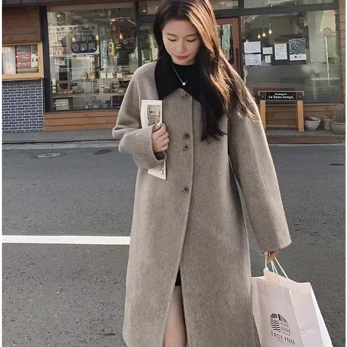 

2024 double-sided cashmere coat women's medium and long winter Korean single-breasted temperament advanced contrasting at