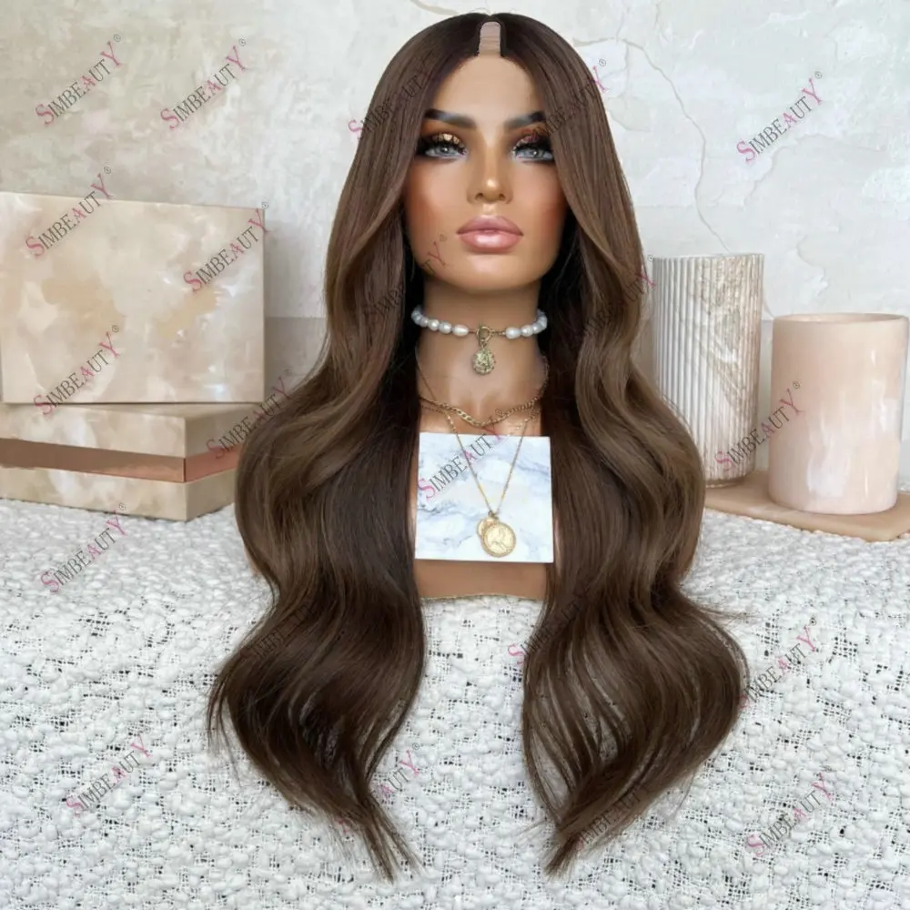 26inches Light Brown U Part Wig Human Hair For Women Long Natural Wave Glueless 1*4 Size V Part Wig Human Hair Machine Made Wig