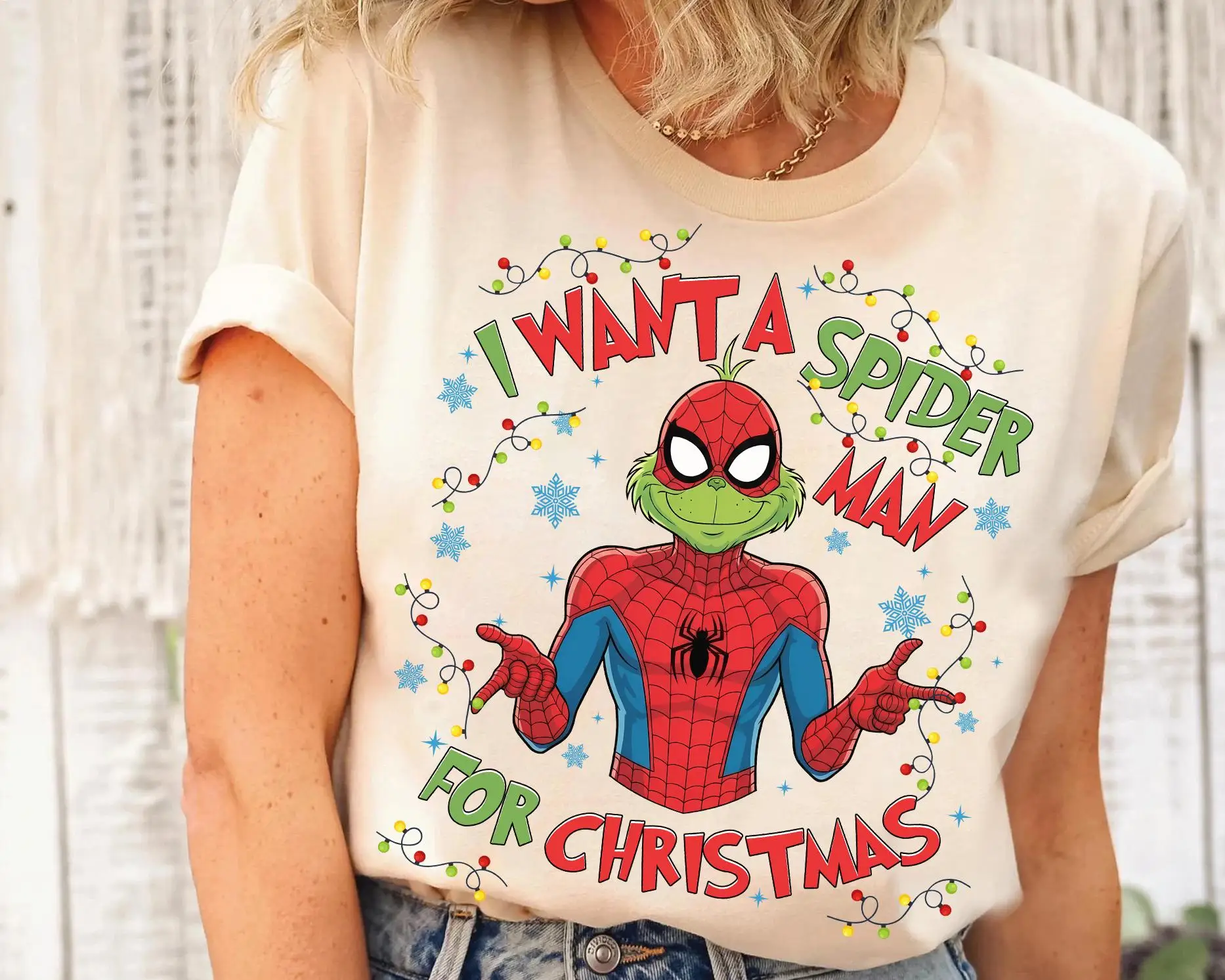 

Women‘s Marvel Spider-Man Christmas Lights T-shirt Streetwear Pure Cotton Short Sleeve Unisex Oversized Loose Casual Stylish