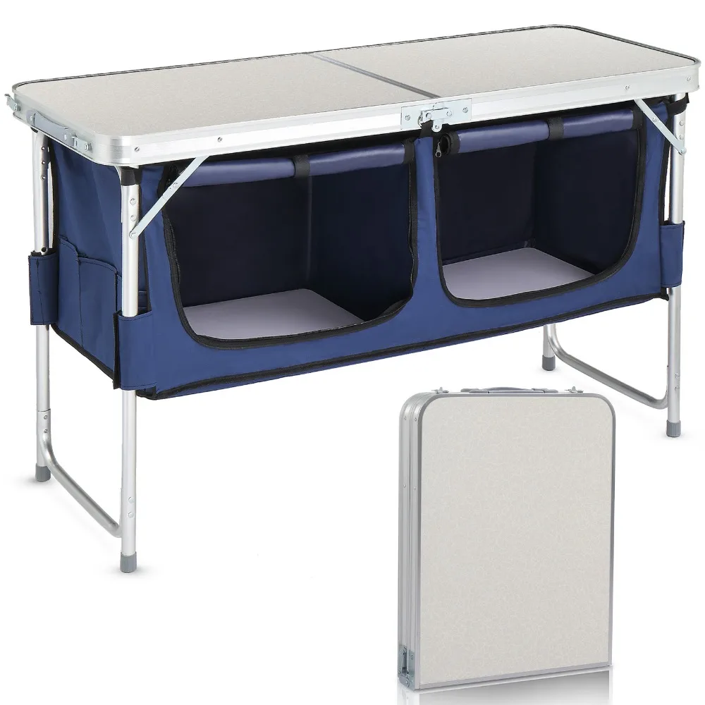 

4 Ft Folding Camping Table with Storage folding table aluminum frame rectangle with blue cloth cabinet 3 height adjustment