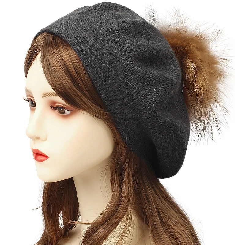 Women Autumn Winter Cashmere Berets Cap Female Knitted Thick Slouchy Skullies Beanies Ladies 15 cm Real Ball Pom Pom Hat