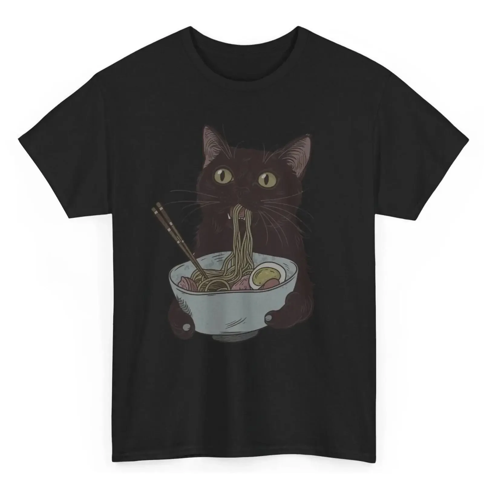 Cat Eating Ramen Funny T shirt Humorous Kawaii Japanese Noodles  vintage Washed Top For Everyday Wear Casual Versatile homme