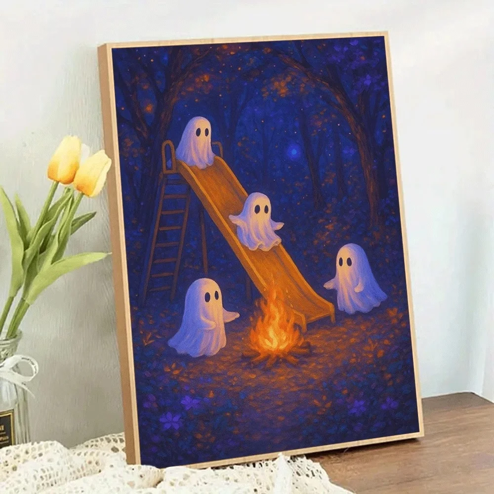 Cute Little Ghosts Playing On Slide Campfire Dark Forest Halloween Diamond Painting