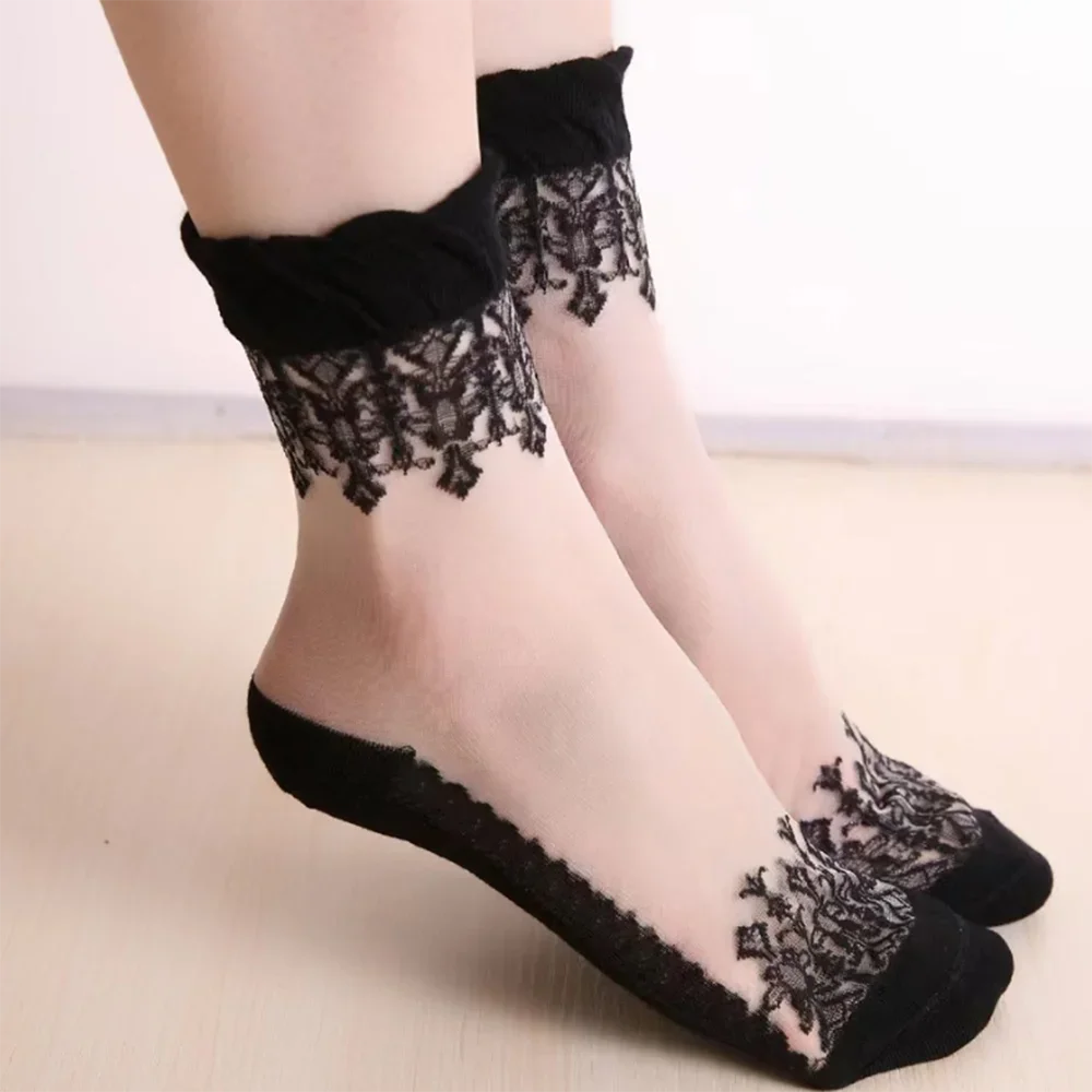 

1 Pair Spring Summer Ladies Ultrathin Lace Embroidery Silk Transparent Glass Crytal Stretch Women Soft Elastic Breathable Socks