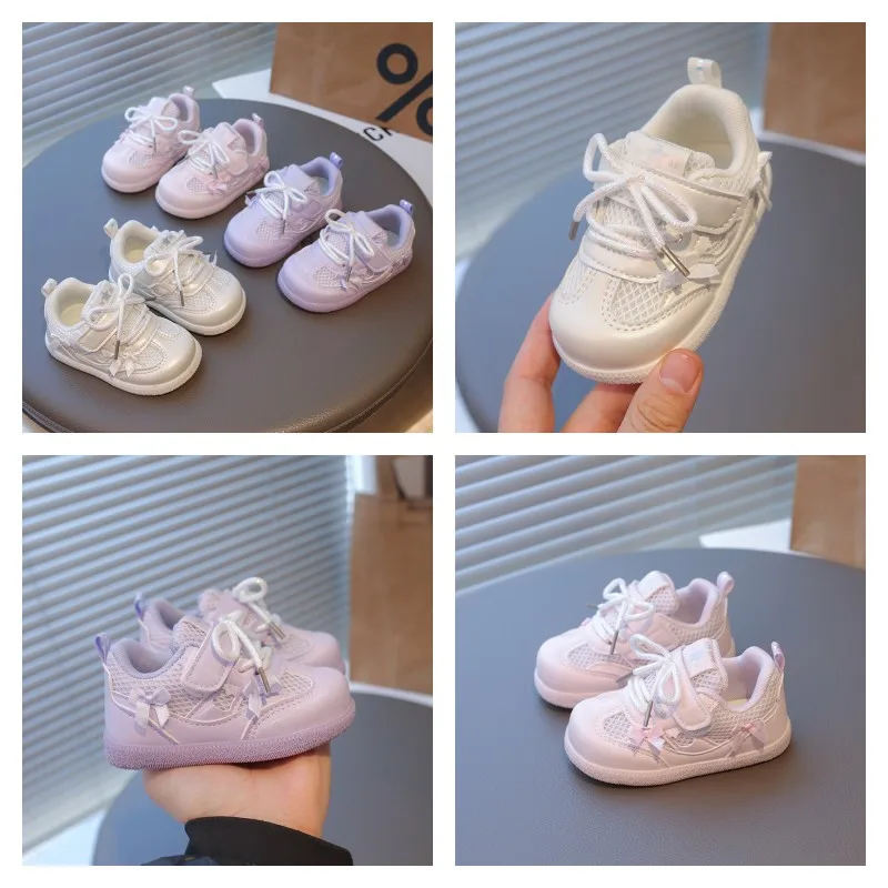 

Girls Mesh Breathable Walking Shoes 0-6 Years Old Light Purple Bow Girls White Shoes Lightweight Non-slip Kids Baby Sneakers