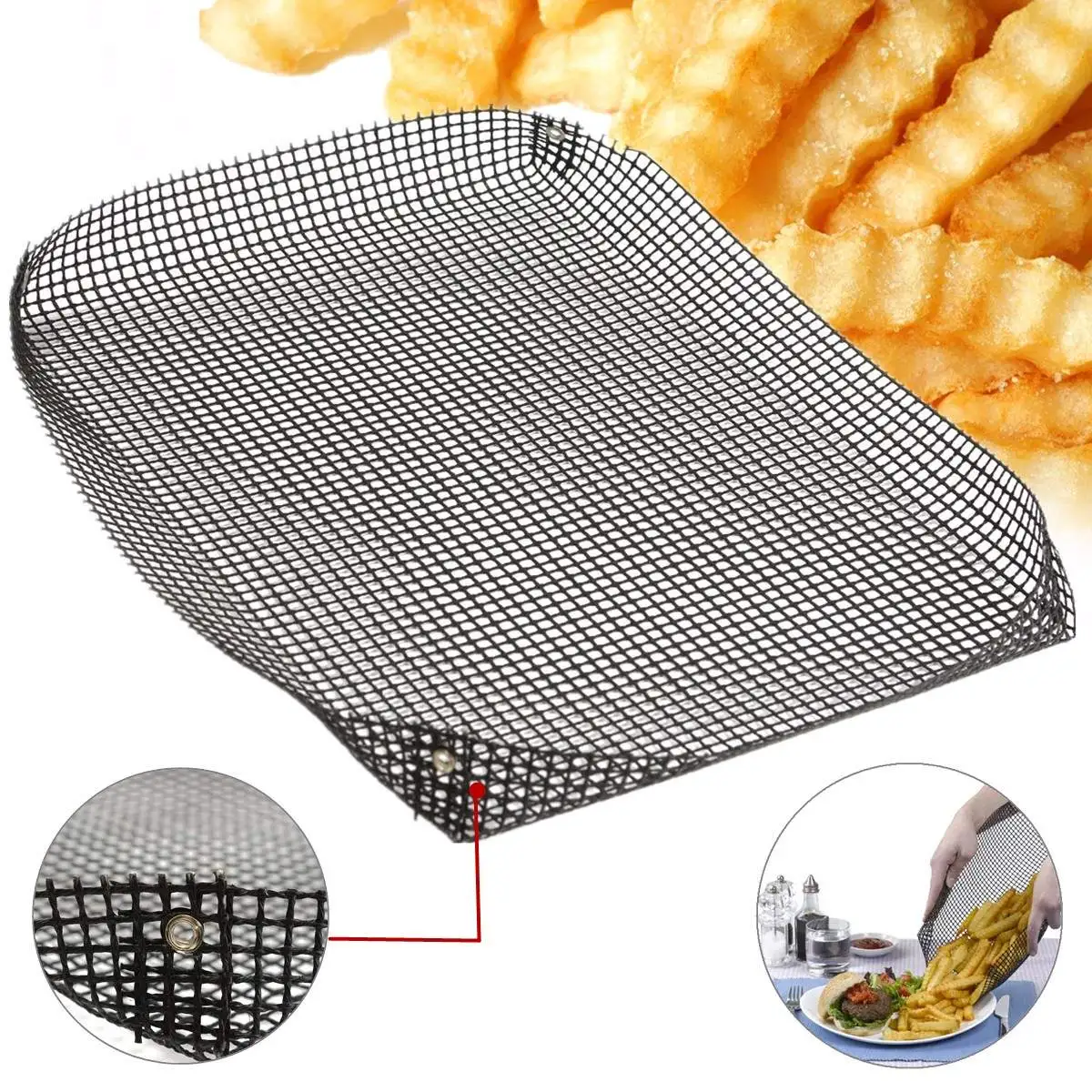 

Reusable non-stick crumbs mesh oven grill pan basket grill pan thin crisper hot dog potato wedge pan finger cover