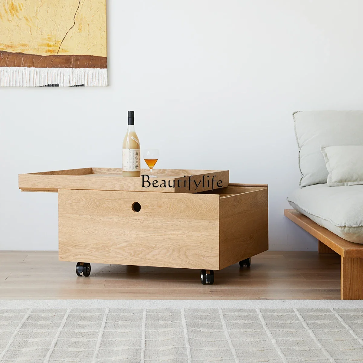 

Small apartment mobile coffee table white oak with wheels living room storage cabinet