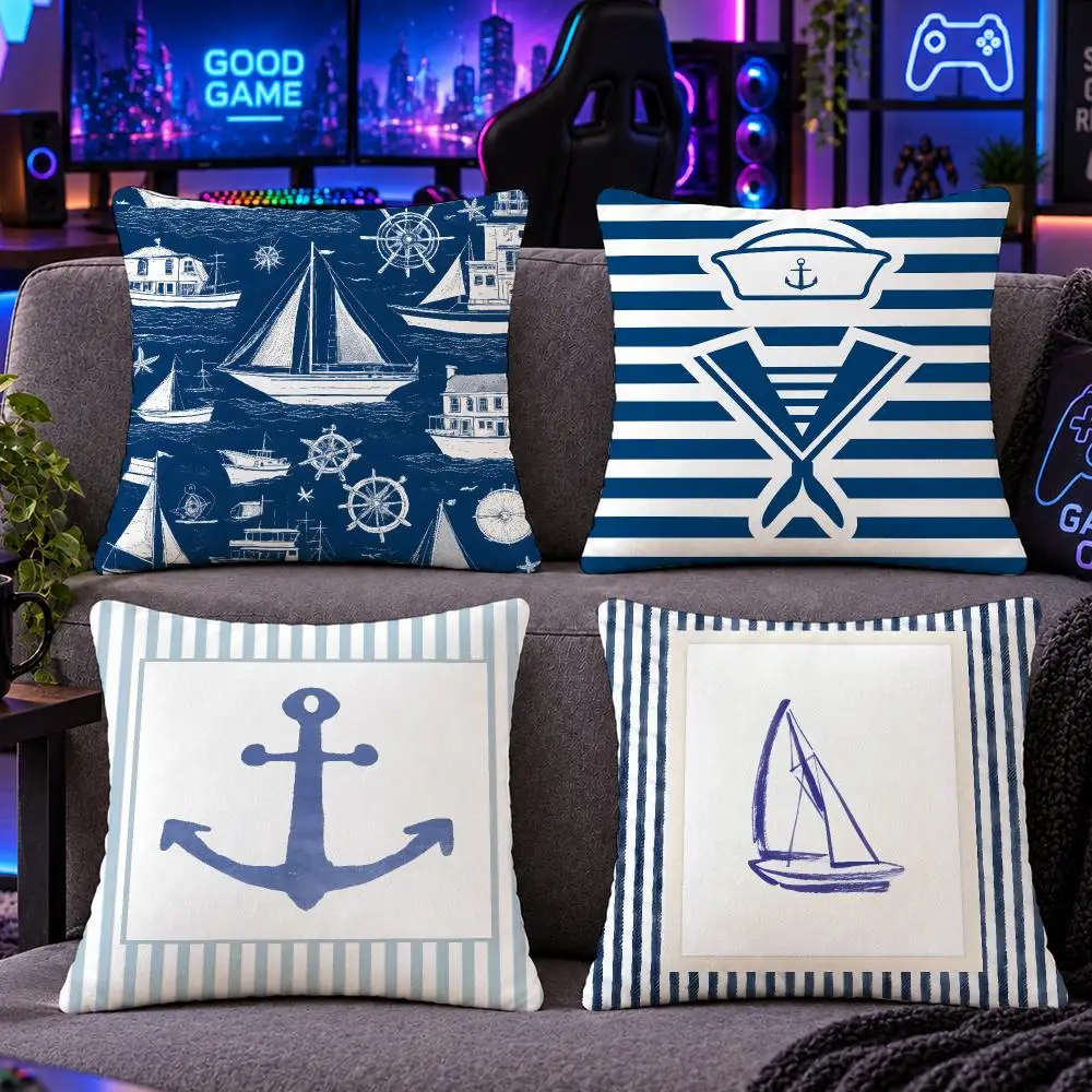 Art Aesthetic Decor B-blue striped ocean Cushion Cover Double Sided Print Short Plush Pillow Sofa Bedroom Dorm Room Decor Gift