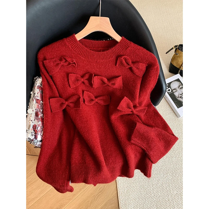 

Vintage Red Bow Sweater Women Christmas Cutecore Long Sleeve Knitted Pullovers Harajuku Korean Knitwears Winter Casual Jumpers