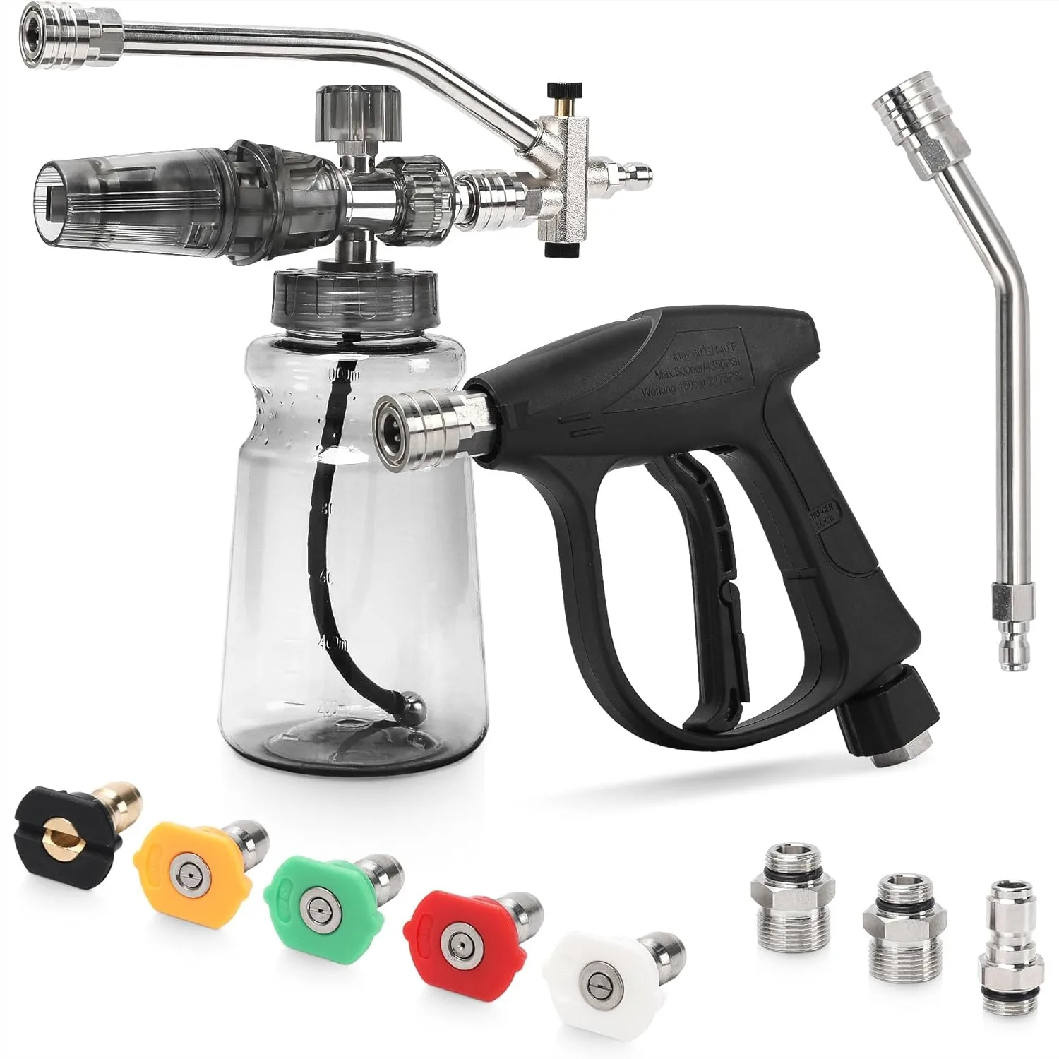 

Foam Cannon Kit For Pressure Washer, Dual Connector Snow Foam Gun With Spray Gun, 5 Nozzle Tips, Curved Rods, 3/8" Swivel Quick Connect, M22-14mm & M22-15mm Adapters