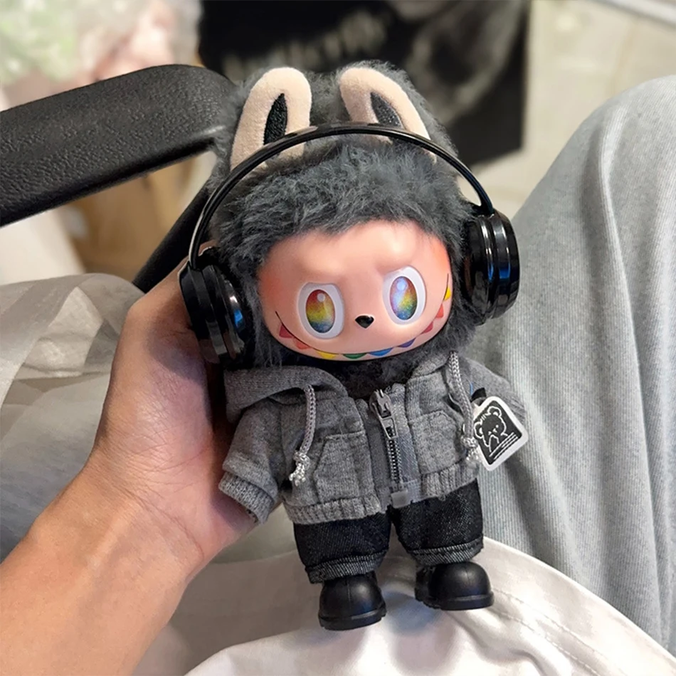 For labubu Big Into Energy Series Casual Hoodie Grey And Black Suit Fashion Sweatshirt Jacket Lovely Outfit Gifts Doll Clothing
