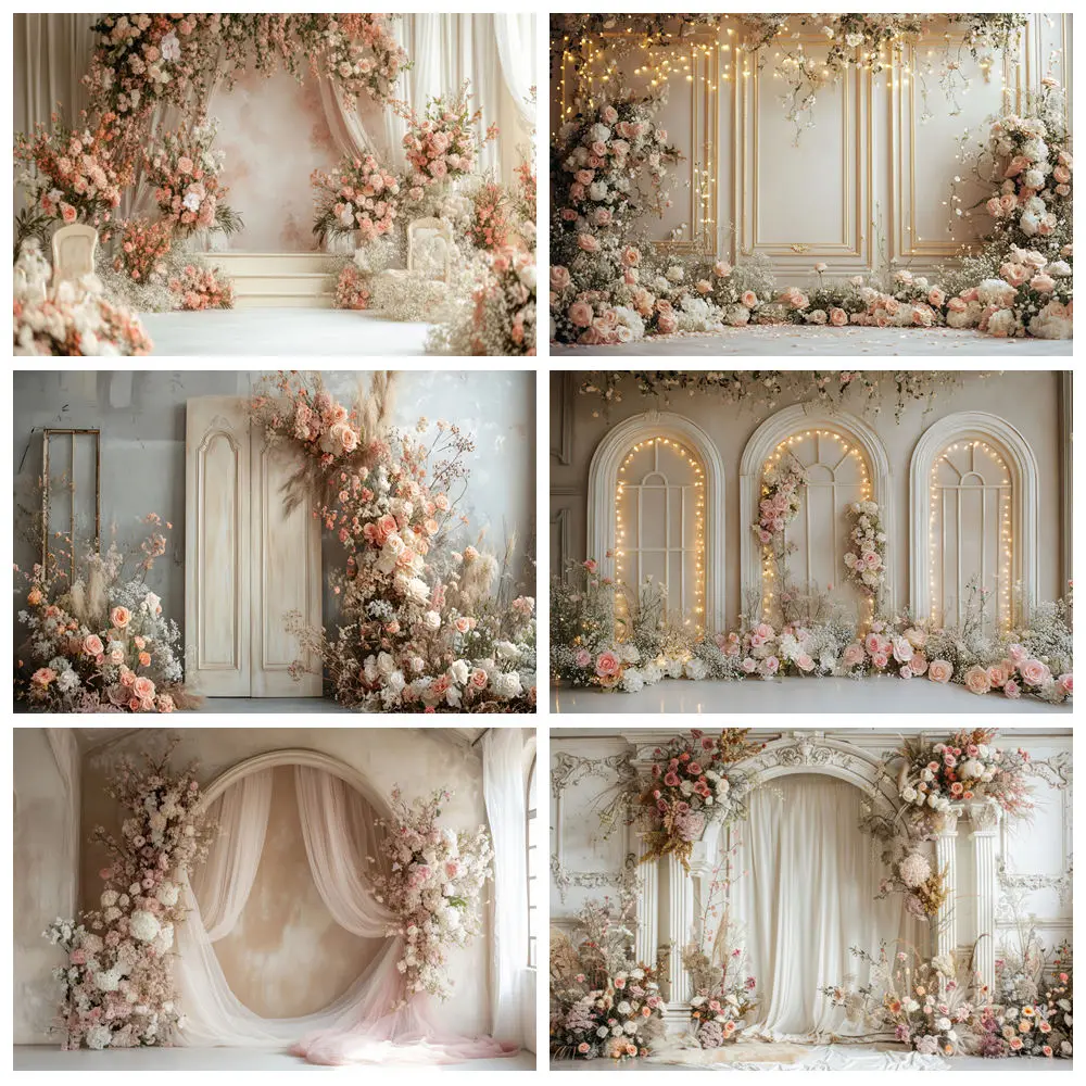 Boho Hochzeit Fotografie Hintergrund Retro Bogen Pastell Floral geschnitzt Tür Licht Baby Dusche Braut Porträt Foto Hintergrund Dekor