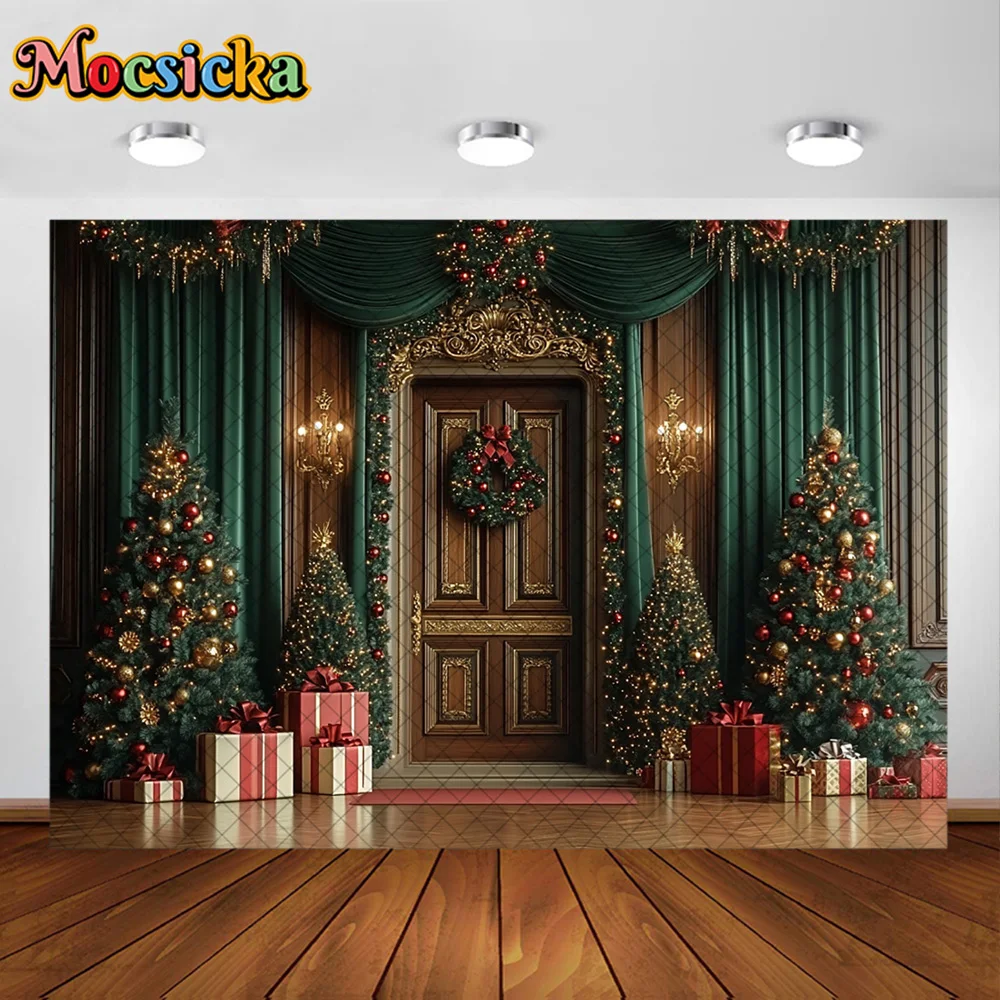 Mocsicka التصوير خلفية عيد الميلاد باب غرفة شجرة الديكور الأسرة عيد الميلاد عطلة صورة خلفيات الصور للصور