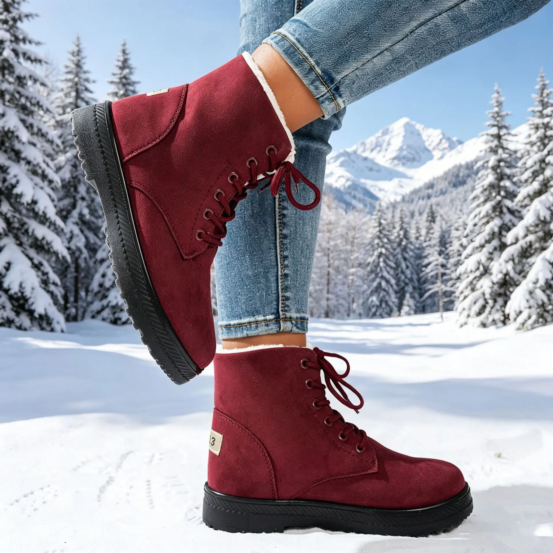 Damen Winter Schnür-Schneestiefel mit Wildleder-Optik, Fleece-Futter, Rutschfeste Dicke Sohle, Warme Knöchelhohe Kampfstiefel – Detail 9