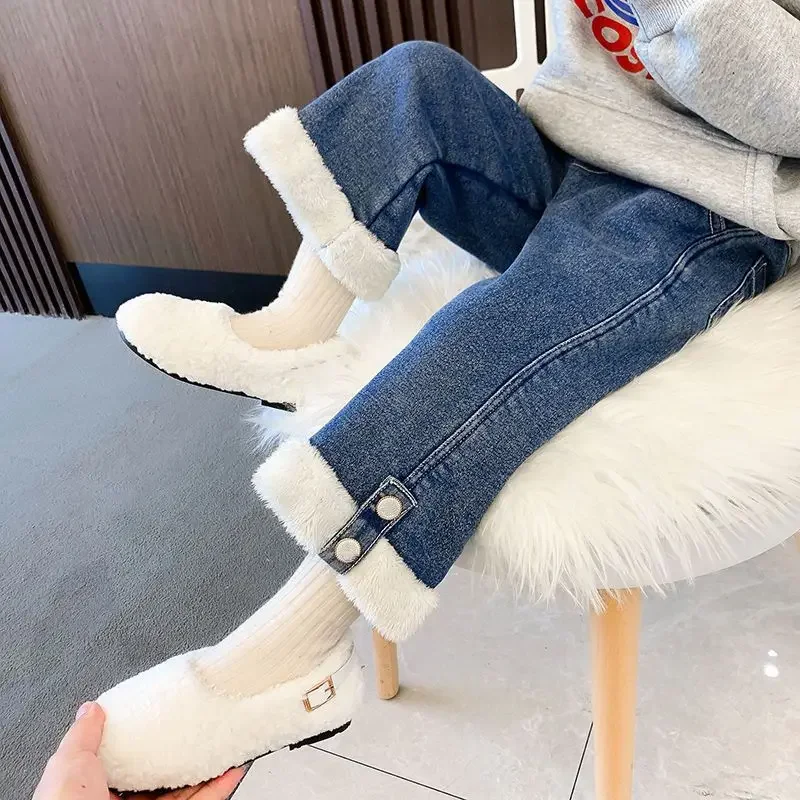 Thick Velvet Lined Girls Jeans Wide Leg Pants Winter Warm Elastic High Waist Kids Vaqueros Pantalones New Plush Children Jeansy