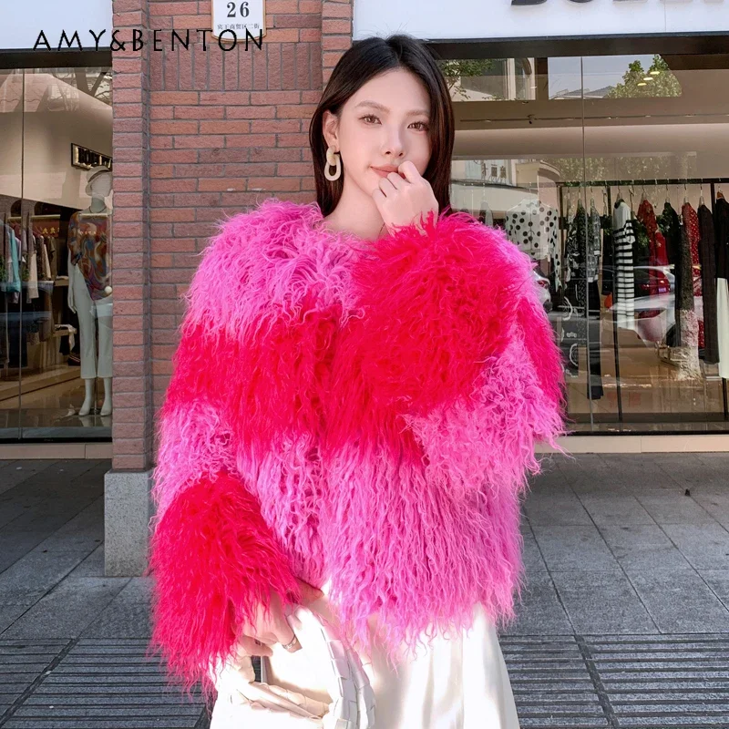 Autumn Winter Popular Rose Red Peach Pink Contrasting Color Fur Coat Imitation Beach Sheep Woolen Short Colorful Jacket Female