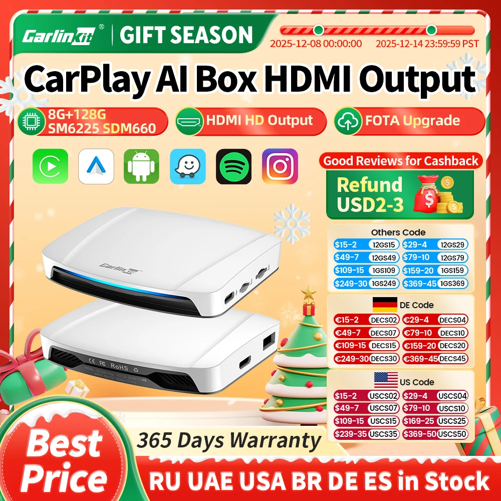 2025 CarlinKit HDMI Video Output Android 13 CarPlay AI Box SM6225 8-Core Android Auto Wireless CarPlay Split Screen Smart TV Box