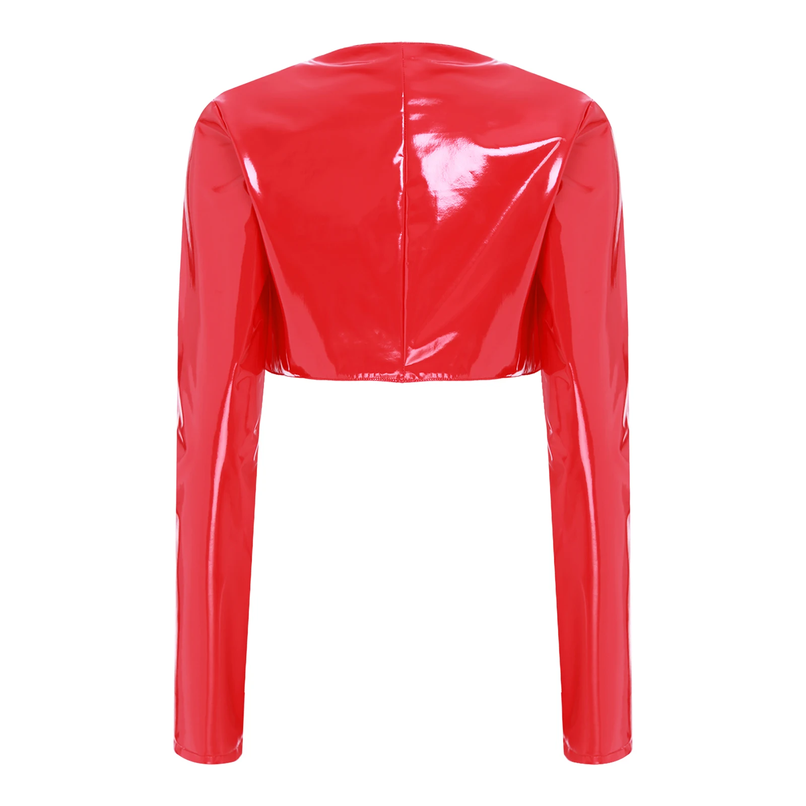 Jaket Pendek Atasan Crop Lengan Panjang Wanita Kardigan PU Mengkilap Jaket Crop Pengendara Sepeda Motor Tidak Bergaris Depan Terbuka untuk Menari Tiang