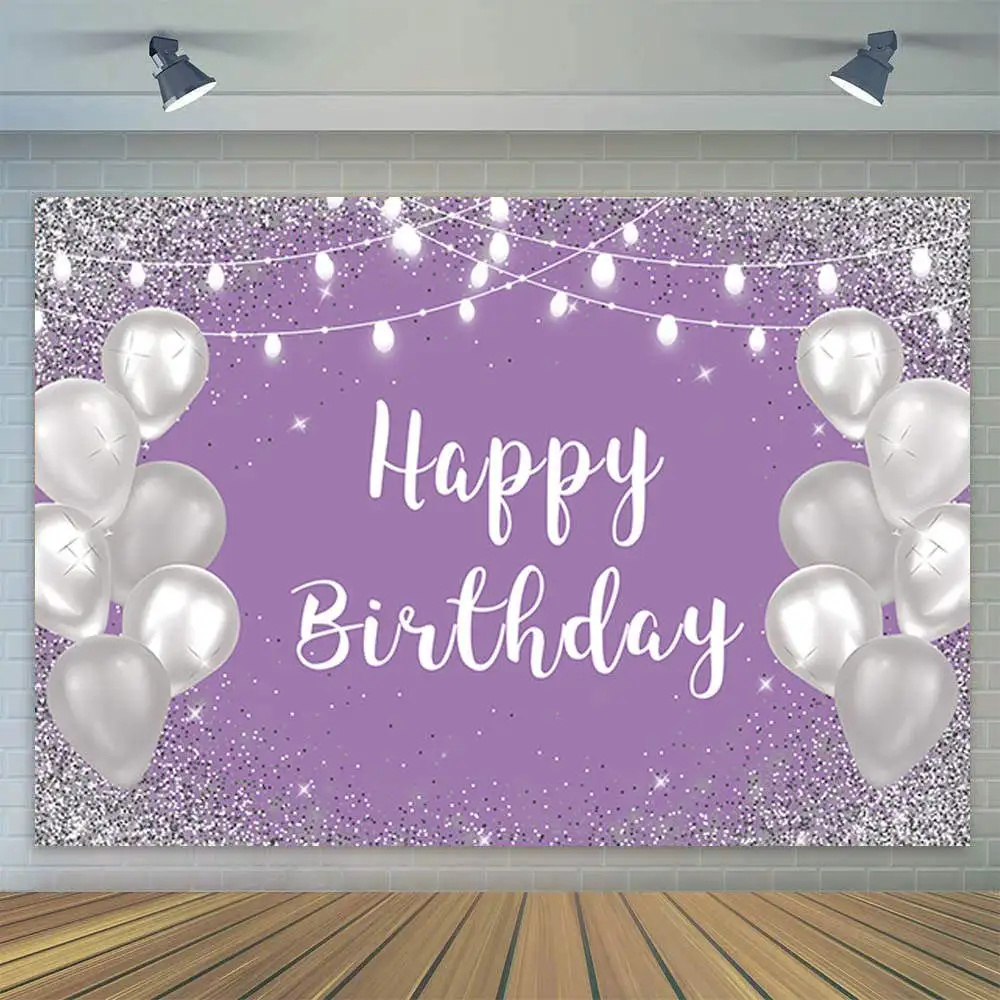 Purple Silver Backdrop for Girls Women 12th 16th 18th 21th 30th 40th 50th Birthday Party Decoration Banner Background Customized