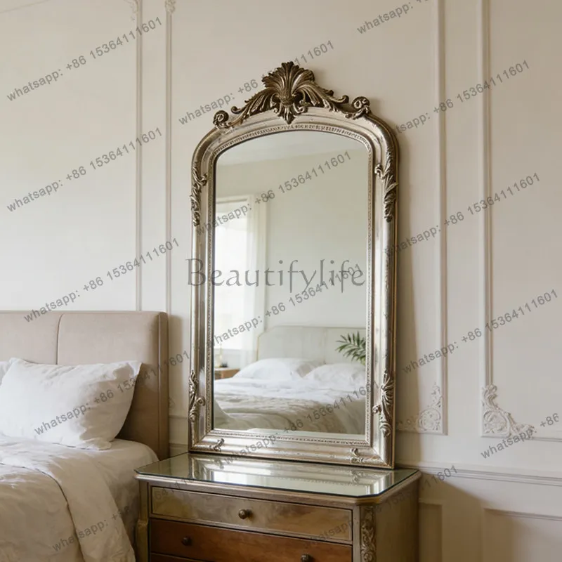 LD European retro style carved arched bathroom mirror wall-mounted gold decorative mirror