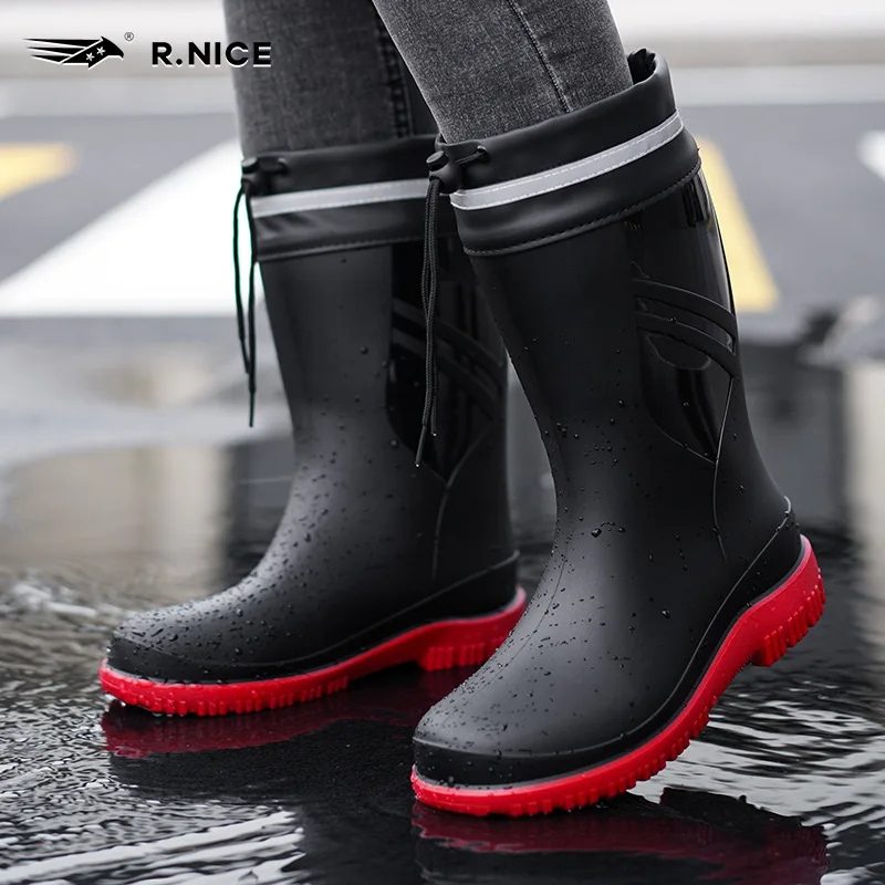 

Men's Drawstring Waterproof Rain Boots Mid-calf Fashionable Non-slip Rain Boots Adult Fishing Wear-resistant Warm Rain Boots