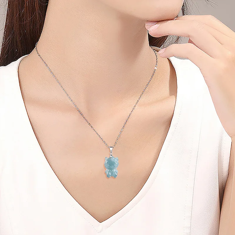 Jiale/ Hand-carved/925 Silver Inlaid Natural Blue Water Cartoon Cat Jade Necklace Pendant  Personalized Jewelry Men Women Gifts