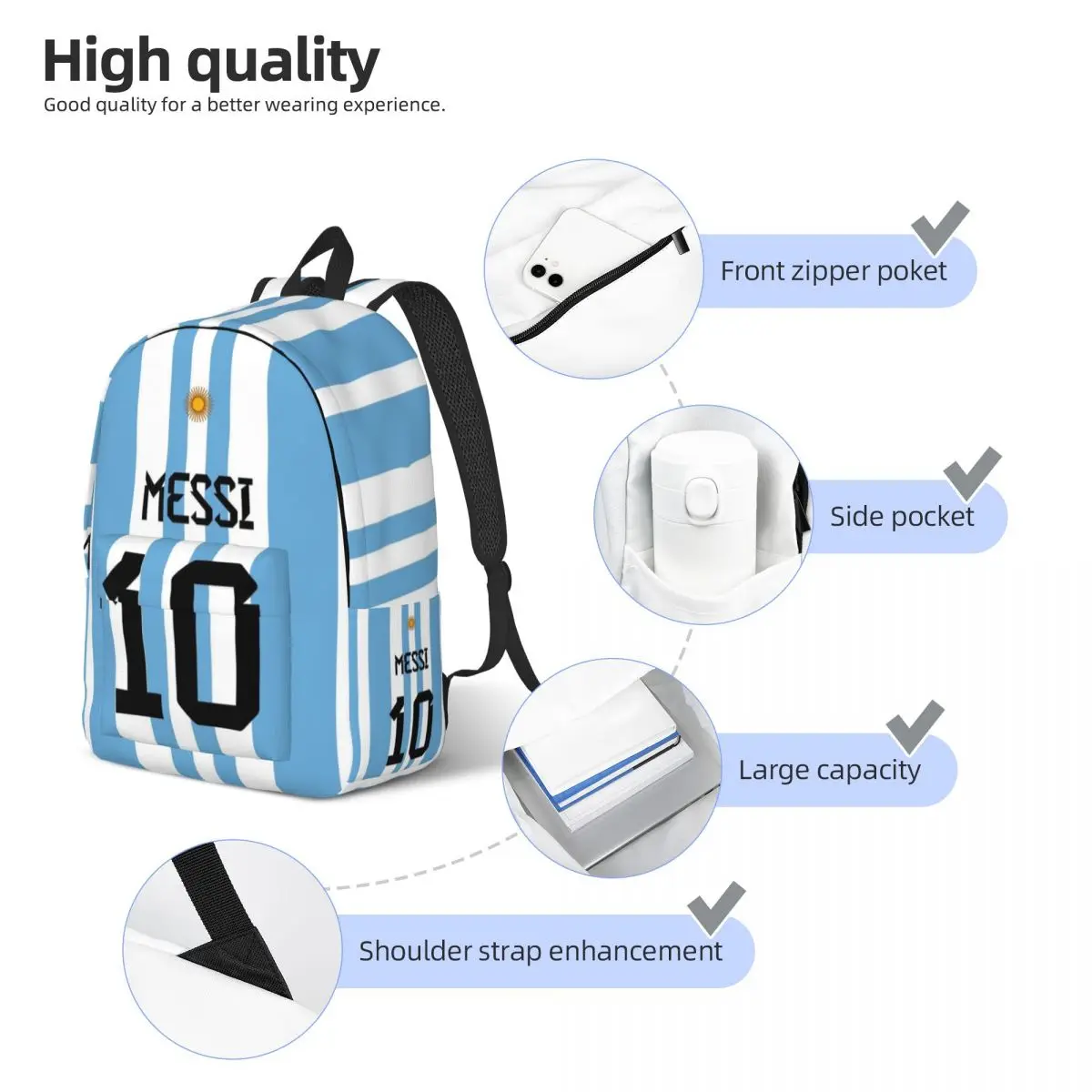 Argentina-No.10-Messi Para Meninas Meninos Mochila de estudante moderna, totalmente impressa e confortável.