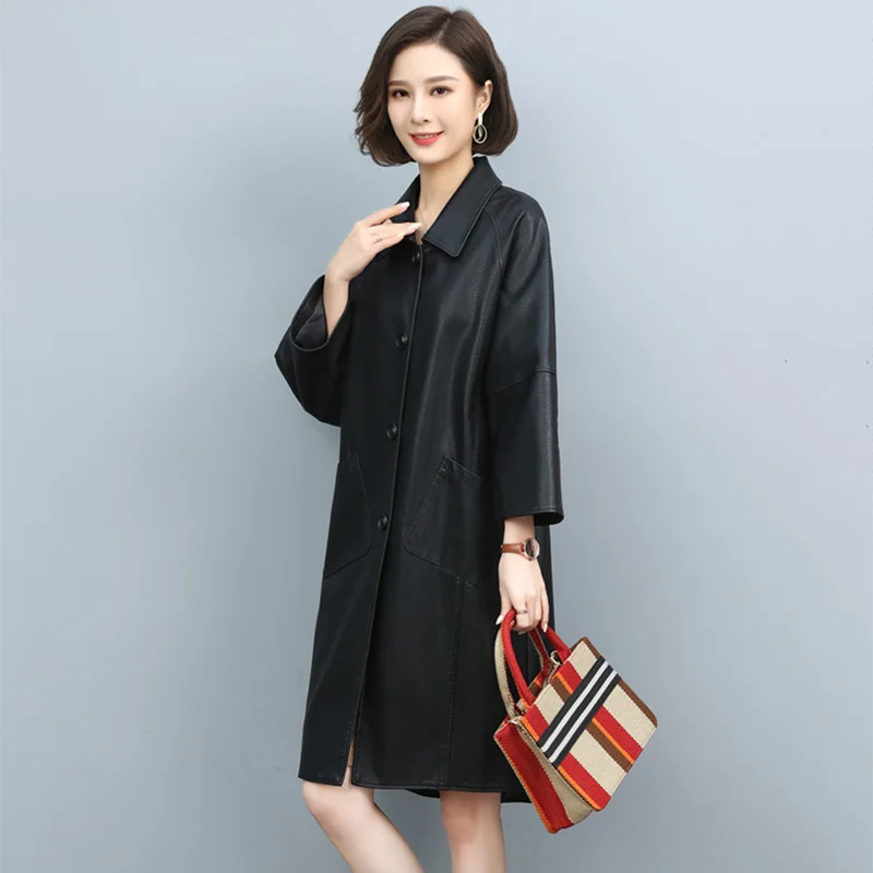 Women Sheepskin Leather New Trench Coat Spring Autumn 2023 Casual Single Breasted Loose Split Leather Coat Winter Outerwear